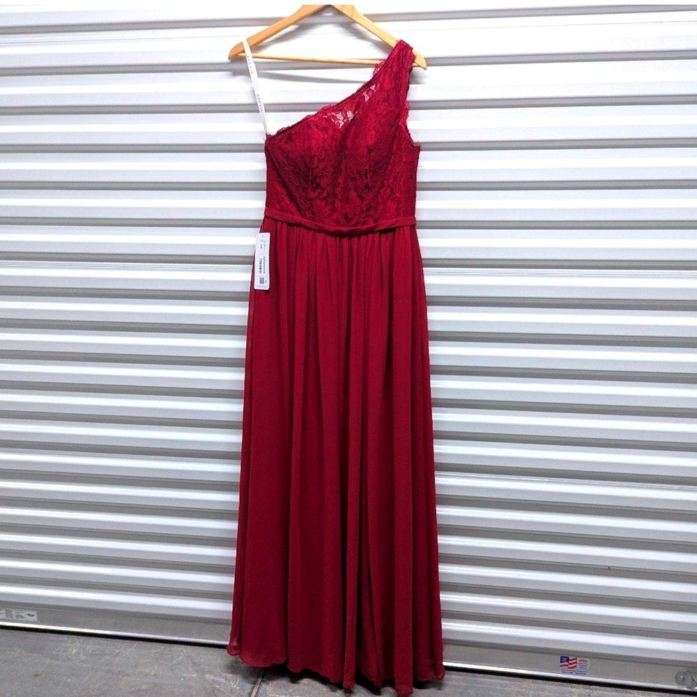 Bridesmaid Azazie Demi Burgundy One Shoulder Lace Chiffon Maxi Dress NWT 8